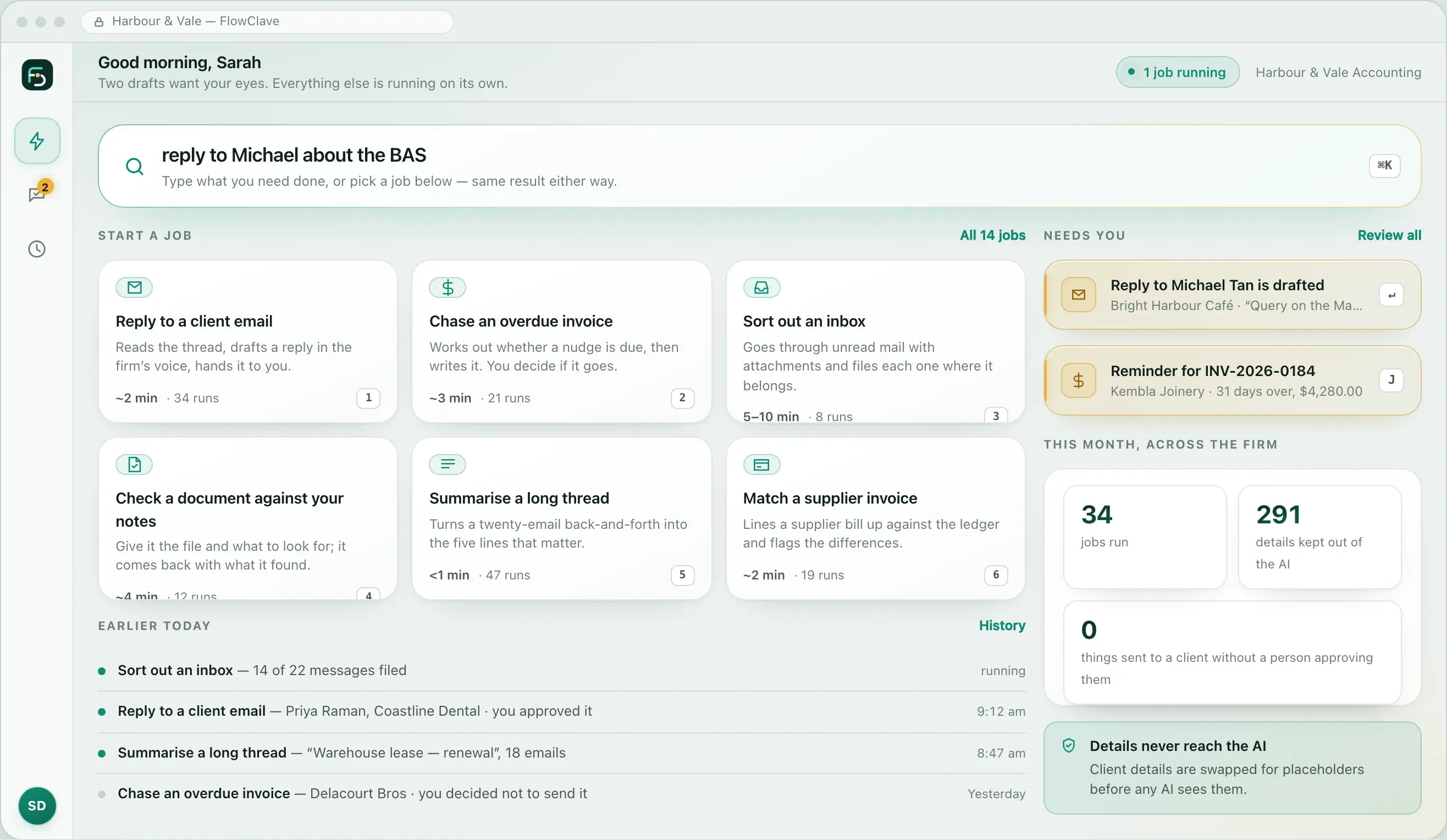 FlowClave interface design — home, shown with invented sample data