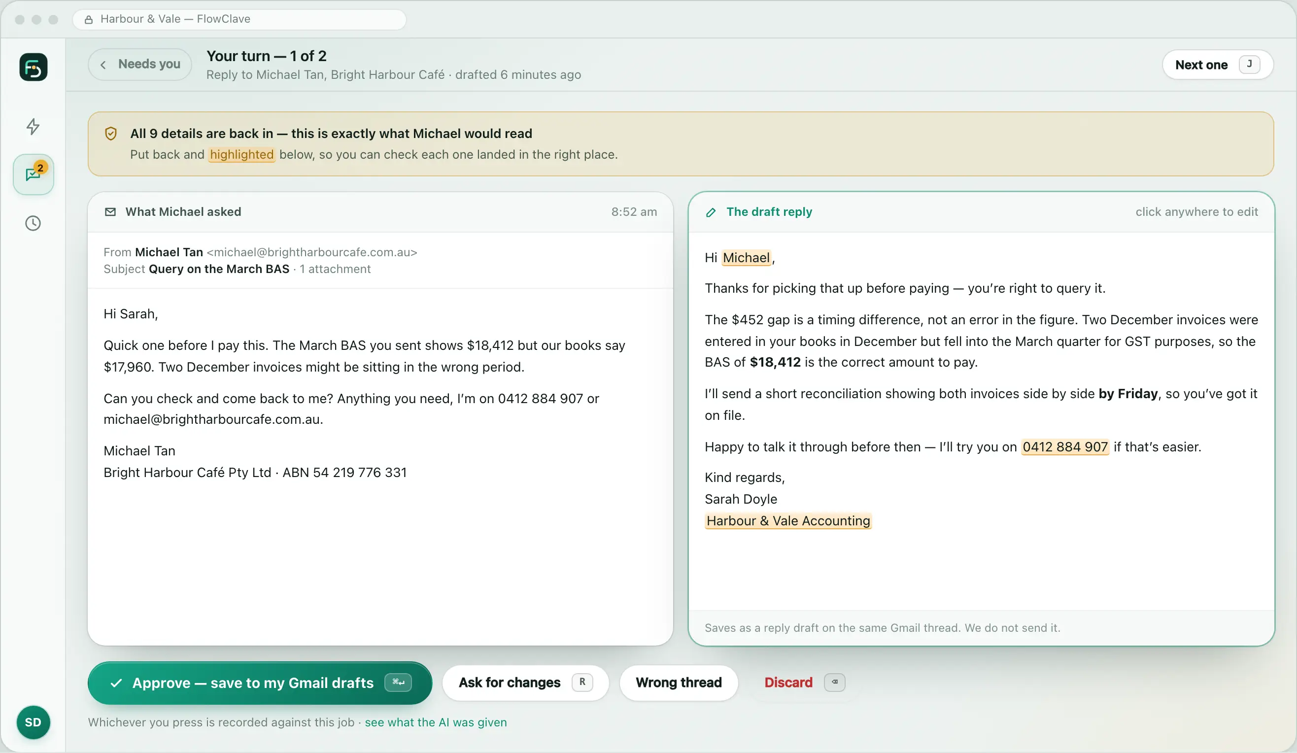 FlowClave interface design — your turn, shown with invented sample data