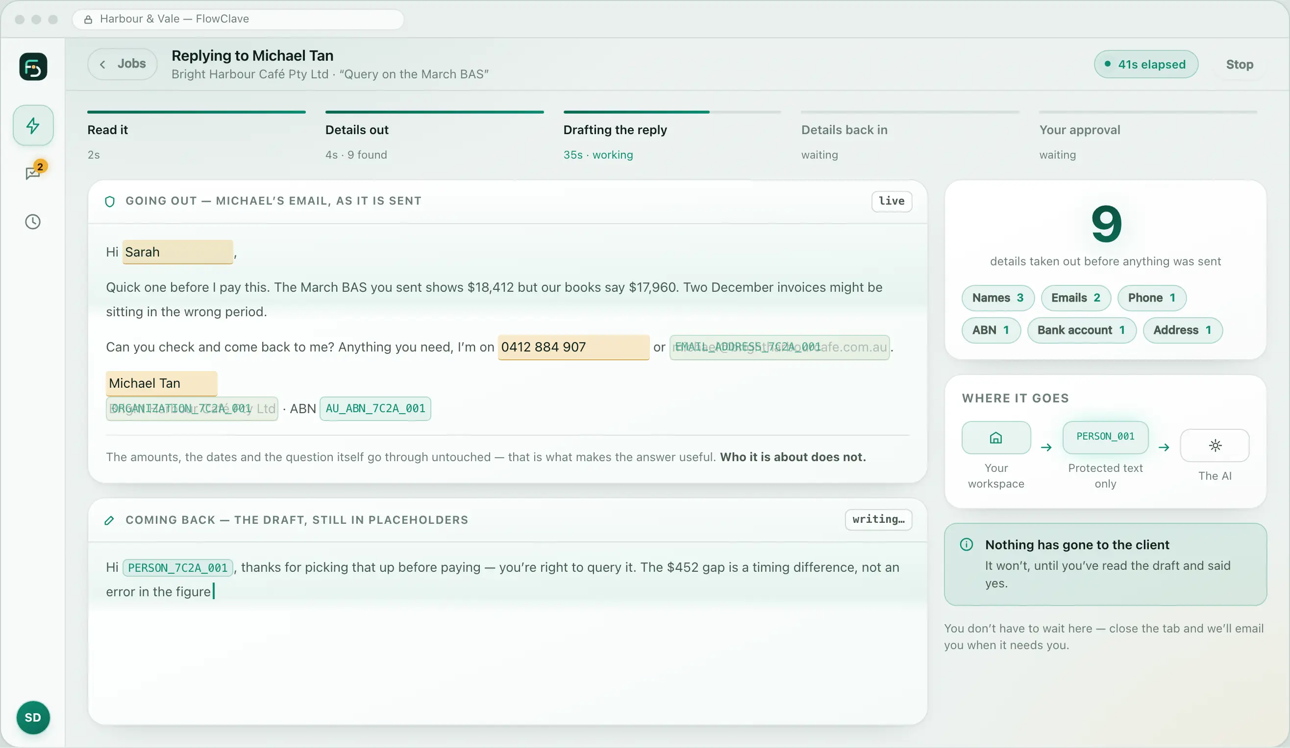 FlowClave interface design — running, shown with invented sample data