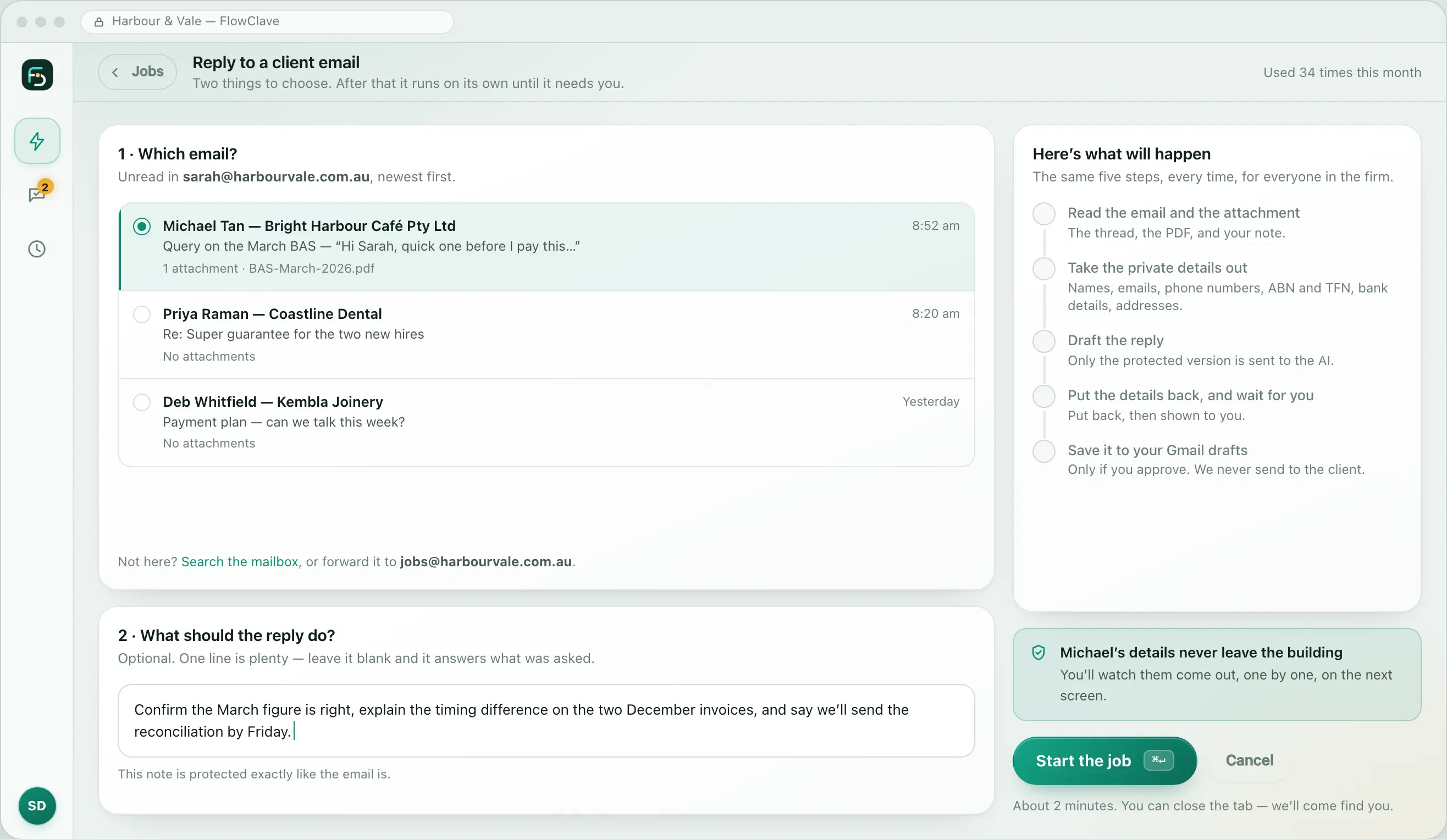 Interface design for referral drafting workflow, shown with invented sample data